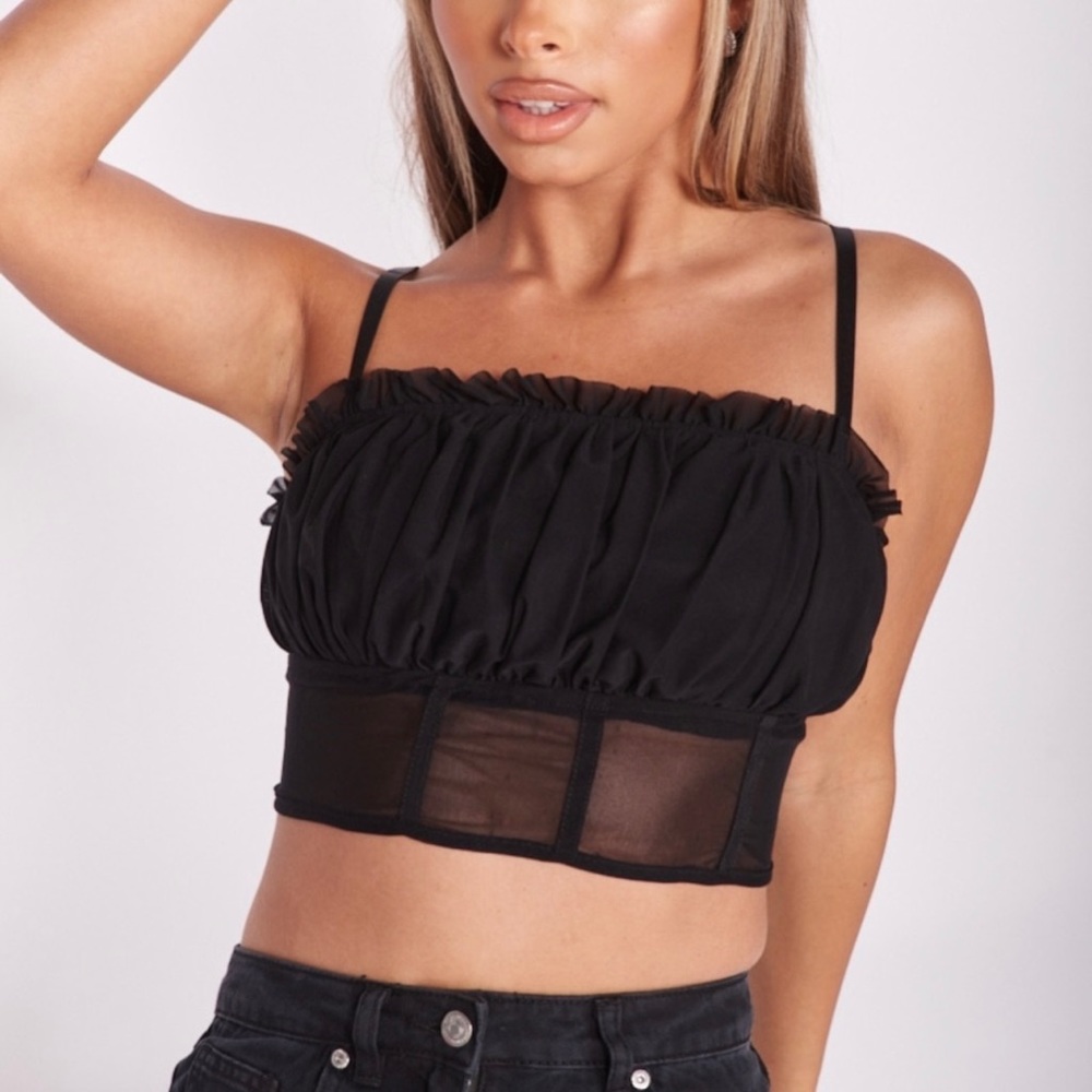 Parisian Black Mesh Ruched Corset Crop Top
